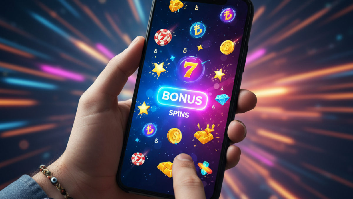 Online casino bonus detayları ve mobil erişim imkanlarını gösteren bir görsel